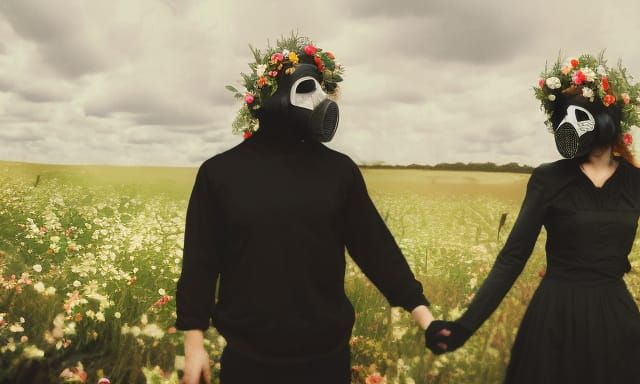 Couple in Gas Masks Holding Hands