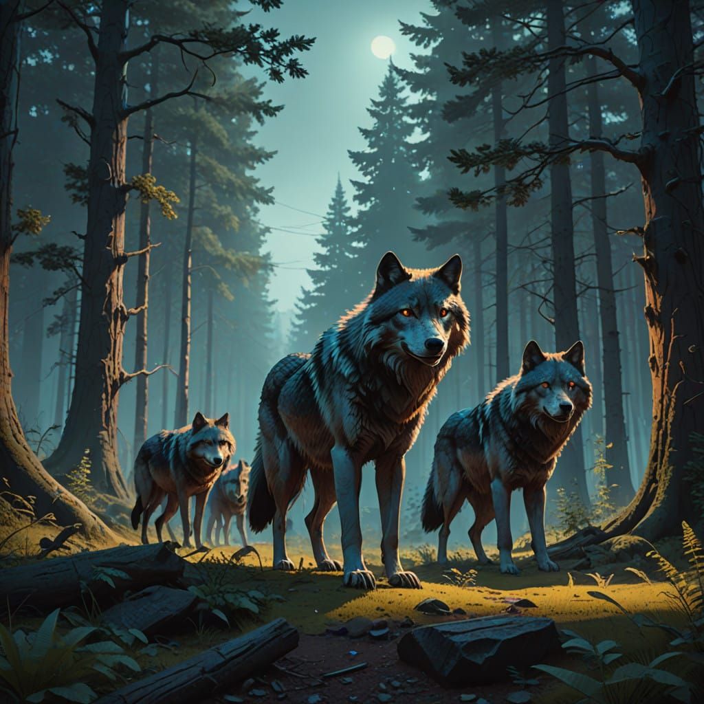 Majestic Wolves in a Fantastical Forest Landscape