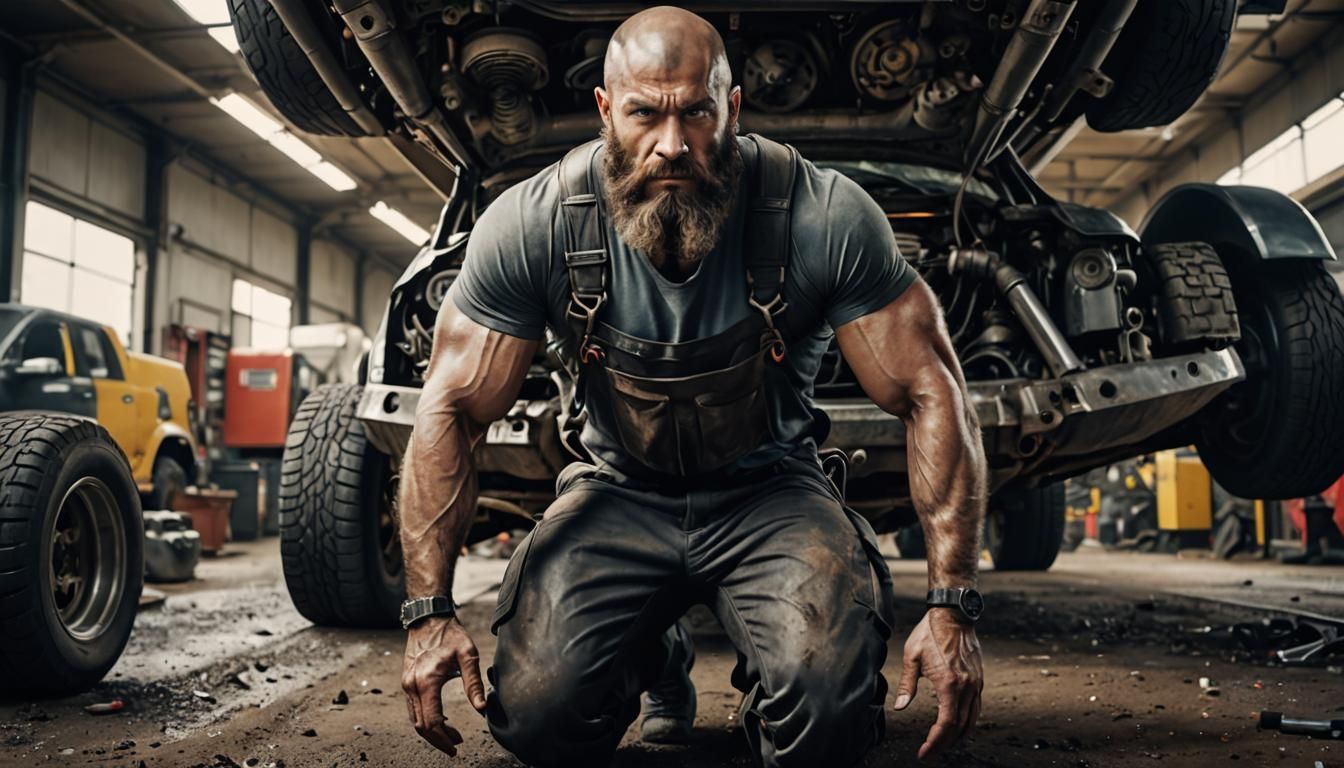 Hyperrealistic Mechanic Working Under Car in Leather Outfit