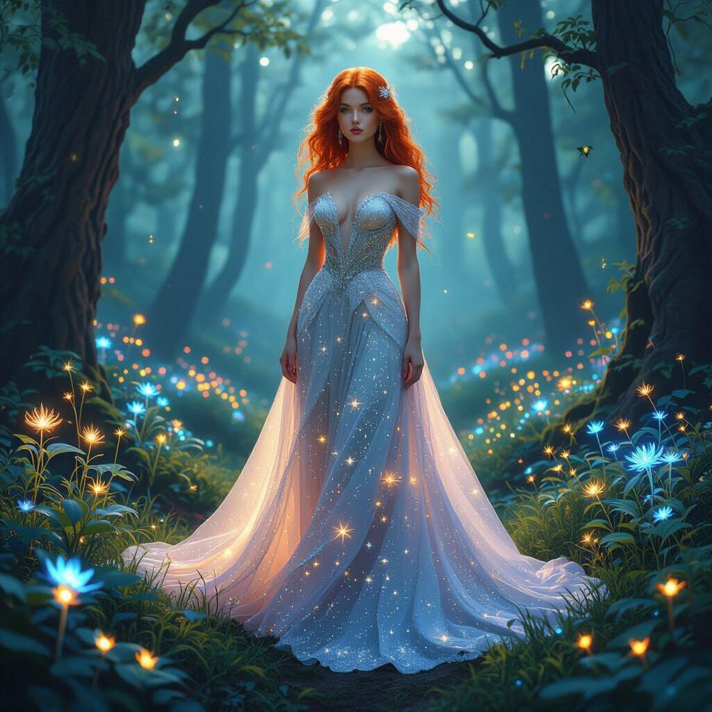 Ethereal Woman in Starlight Gown in Bioluminescent Forest