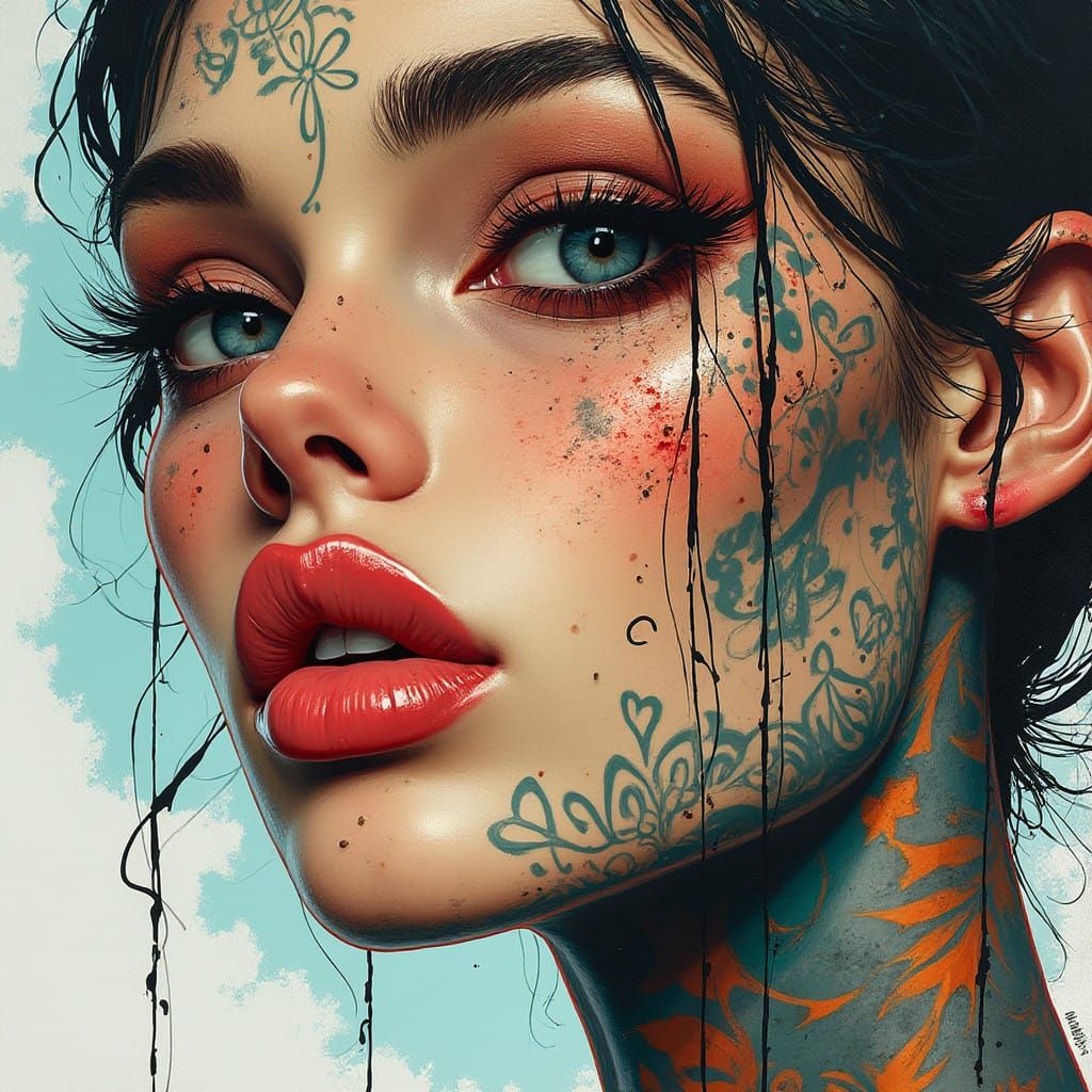 Sultry Rebel with Bold Tattoos and Expressive Brushstrokes i...