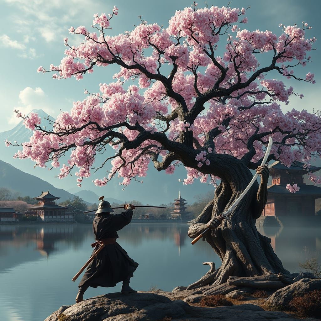 Samurai Battles Demon Under Sakura Tree