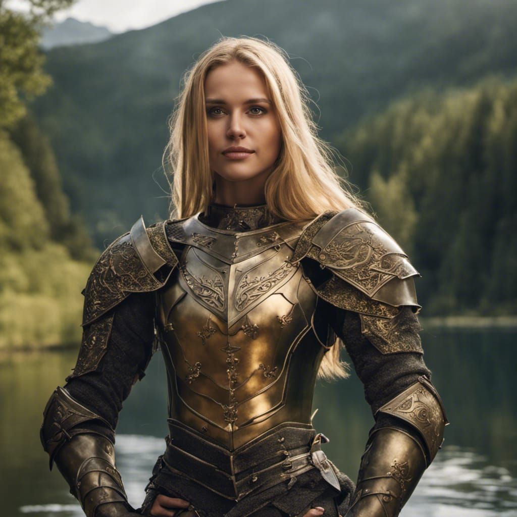 Woman in Armor at Lake: Fantasy Art in 8K