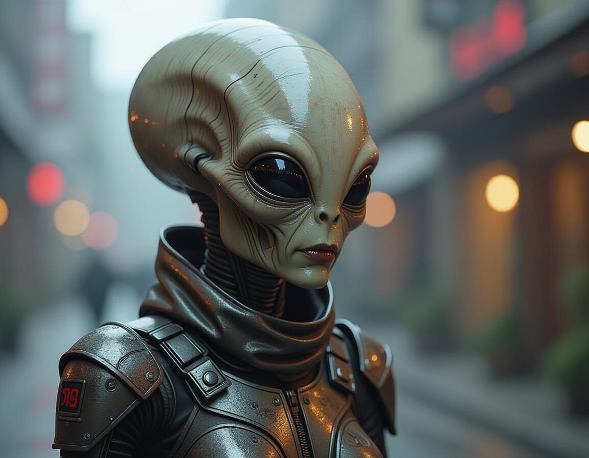 Glitched Alien in Metallic Garb, Sci-Fi Art