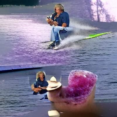 Man Waterskiing Eating a Snow Cone