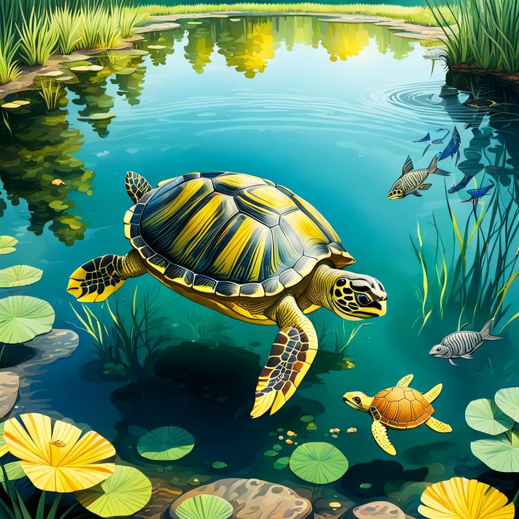 Turtle Catches Fish on Sunny Day