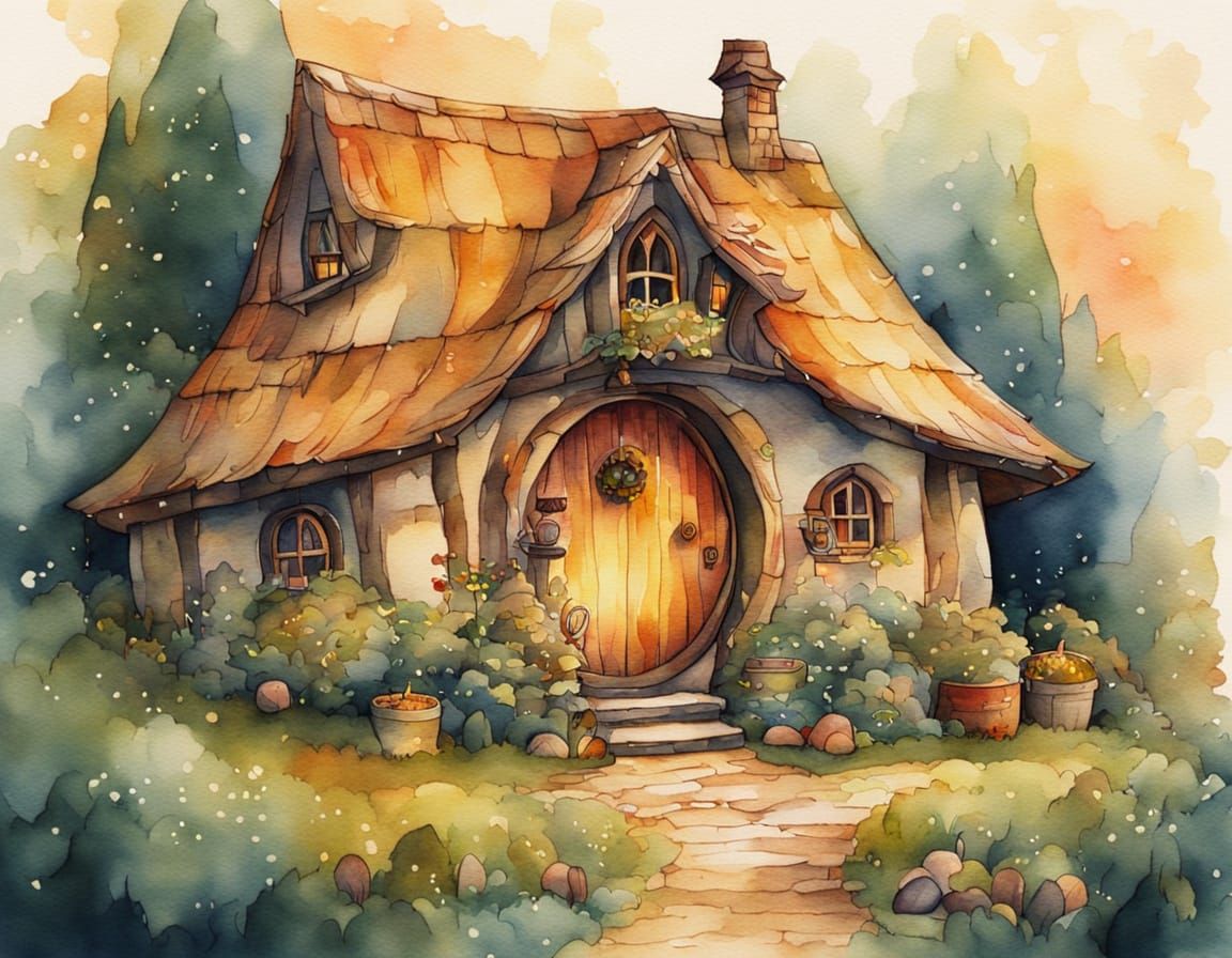 Cozy Hobbit House in Watercolor Illustration Style