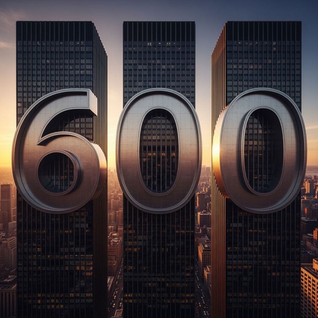 Monumental 3D Number 600 on City Skyscrapers