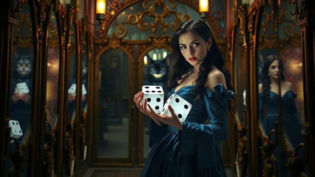 Sinister Alice-Inspired Woman with Glowing Dice in Hall of M...