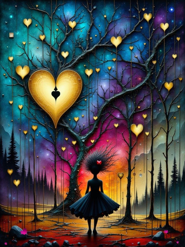 Abstract Mixed Media Heart and Trees with Splattered Ink