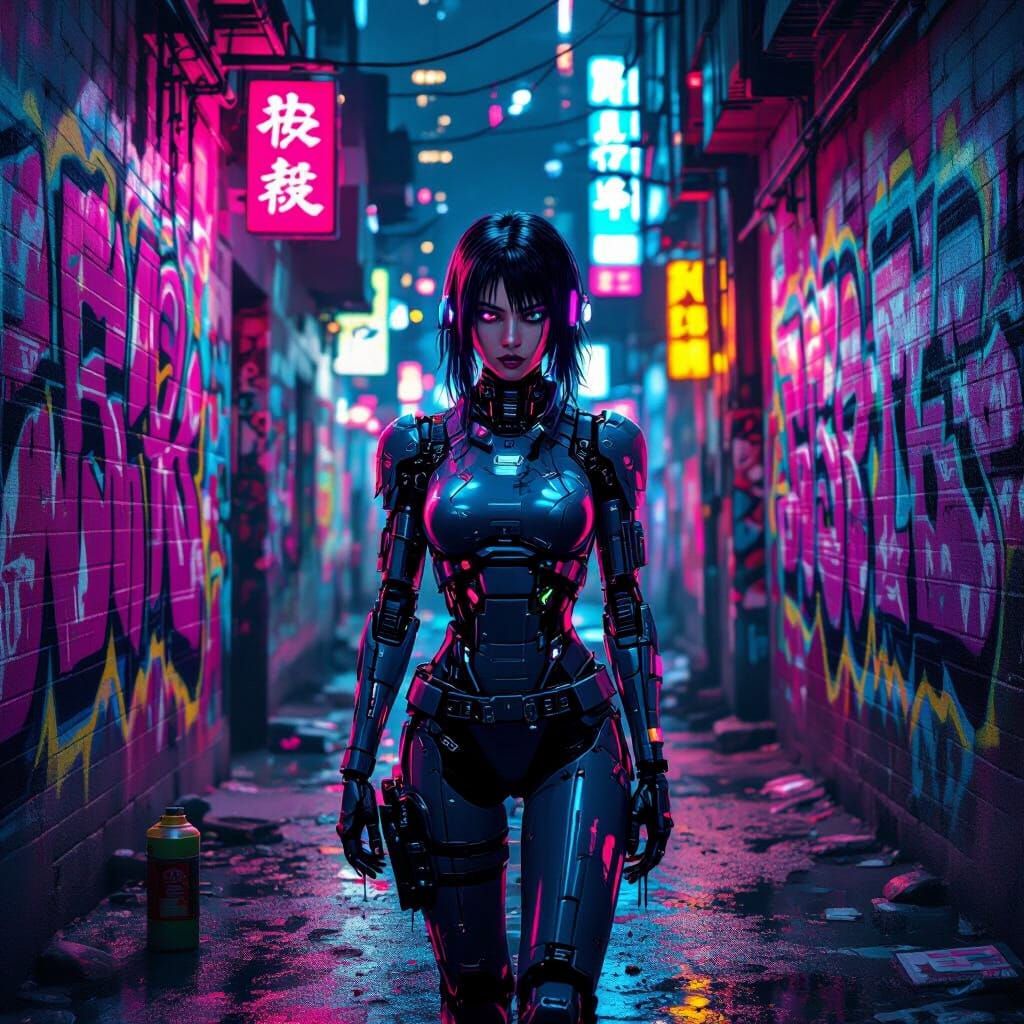 Cyberpunk Android in Neon Alleyway, Digital Art
