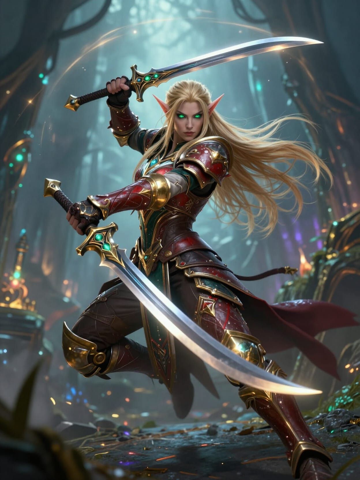 Blood Elf Ranger in Dynamic Combat with Glowing Swords