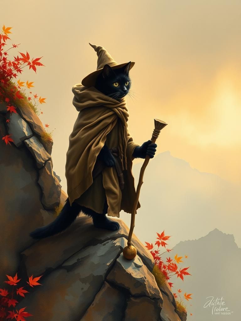 Mystical Cat Ascends Misty Autumn Mountain