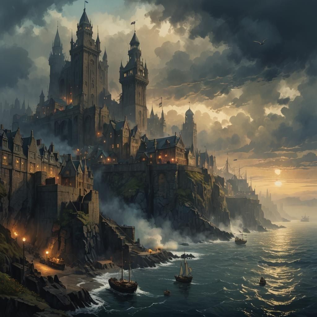 Edwardian Gothic Cliffside City Overlooking Ocean