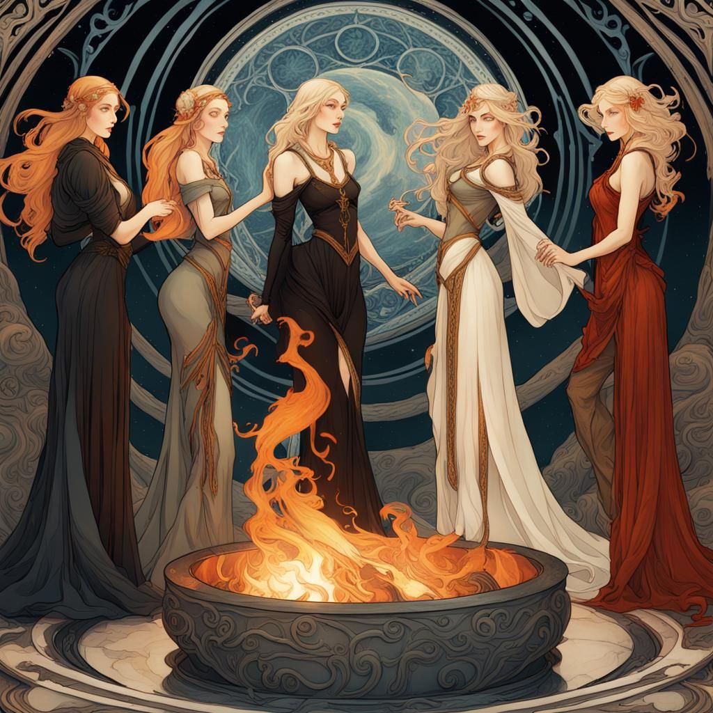 a group of five beautiful witches calling quarters of a magi...