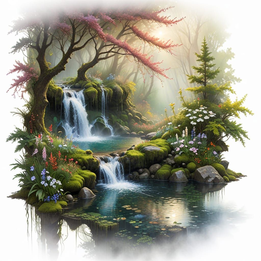 Surreal Renaissance Waterfall Unfolds in Spring's Awakening