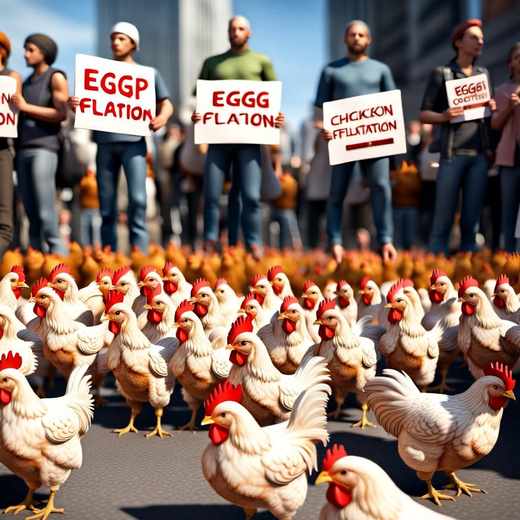 Photorealistic Chickens Protest Eggflation in 3D Render