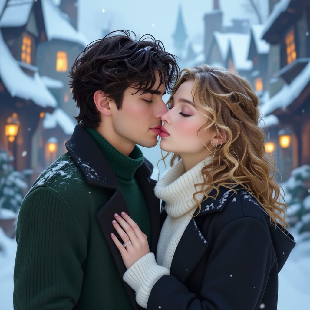 Couple Kissing in Snowy Wizard Village