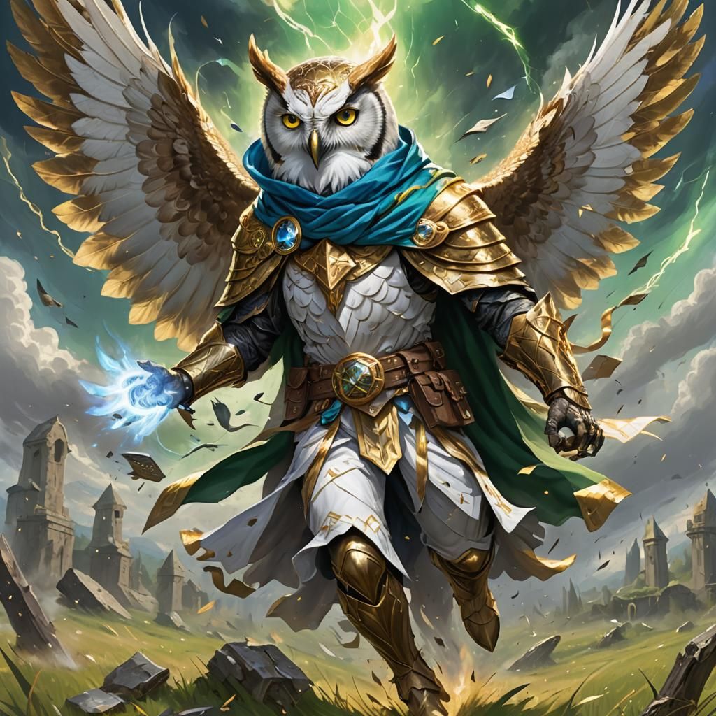 Owl Wizard Casting a Spell in MTG Style