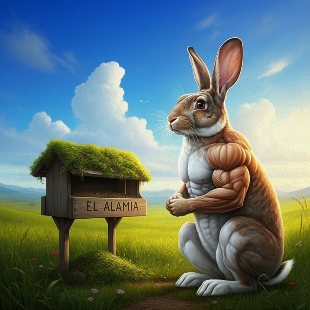 Muscular Rabbit in Meadow, Hyperrealistic Art