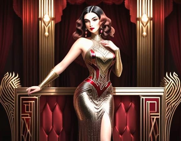 Woman in Metallic Red, Art Deco Style