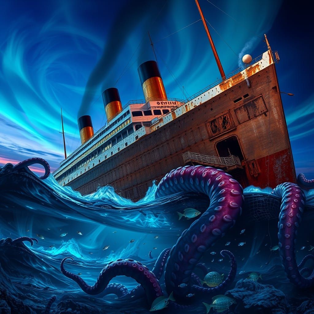 Titanic Shipwreck in a Swirling Vortex of Sea and Sky