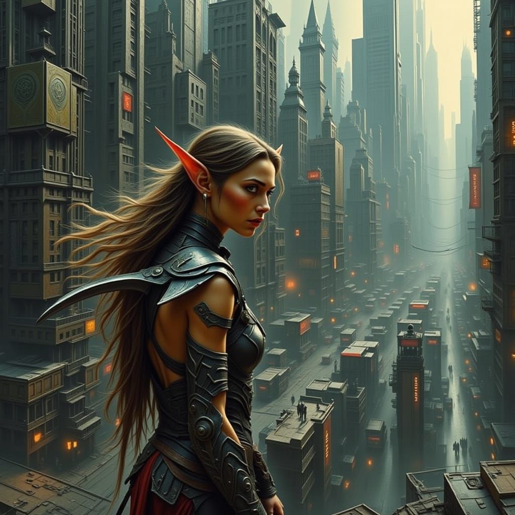 Dystopian Elf in Cyberpunk Cityscape