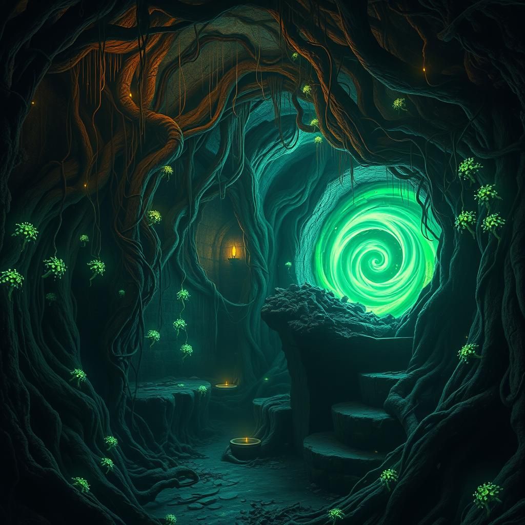 Ethereal Lichen Illuminates Overgrown Cellar with Magical Po...