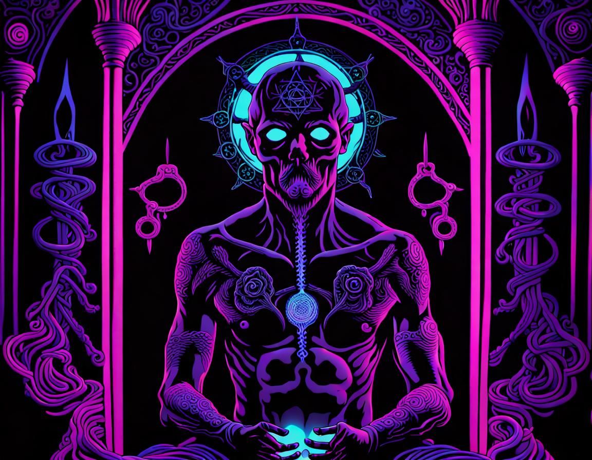 Intricate Black Light Occult Ritual in Inkpunk Style