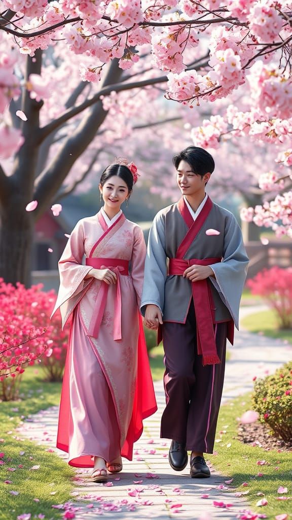 Cherry Blossom Serenity in Traditional Hanbok Style