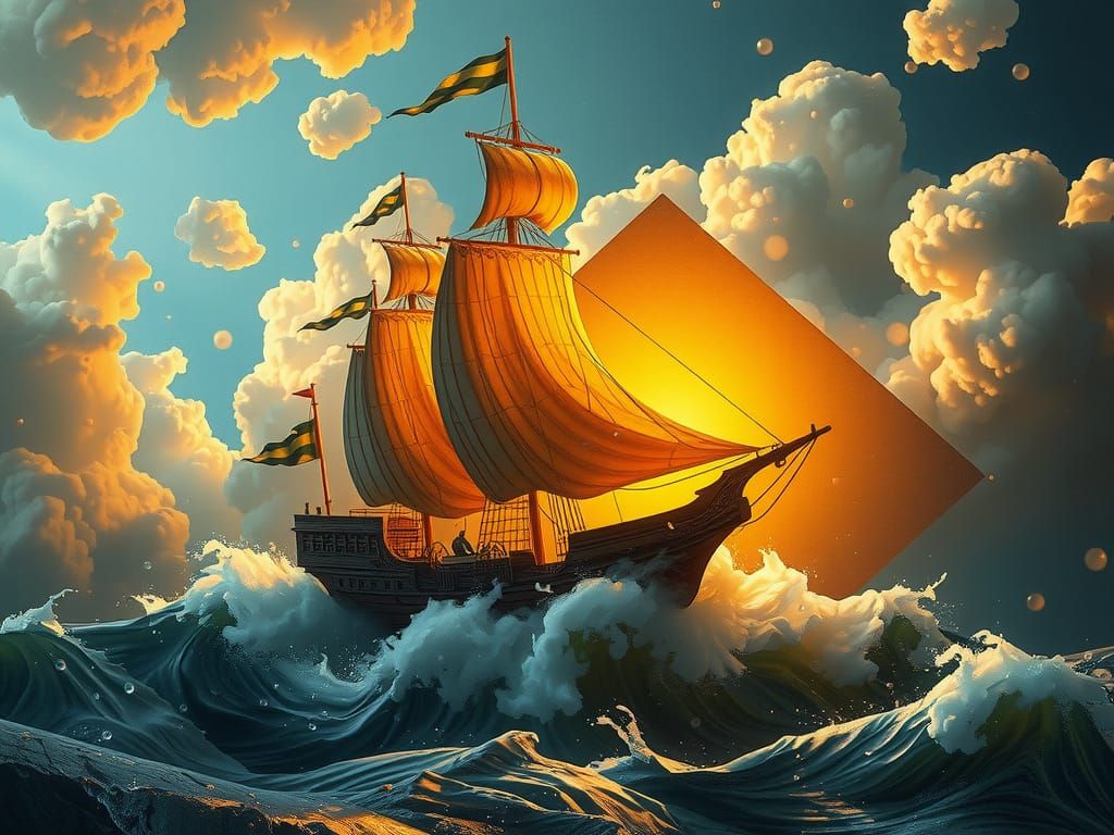 Miniature Ship Sailing with Dewdrop Sail: Concept Art