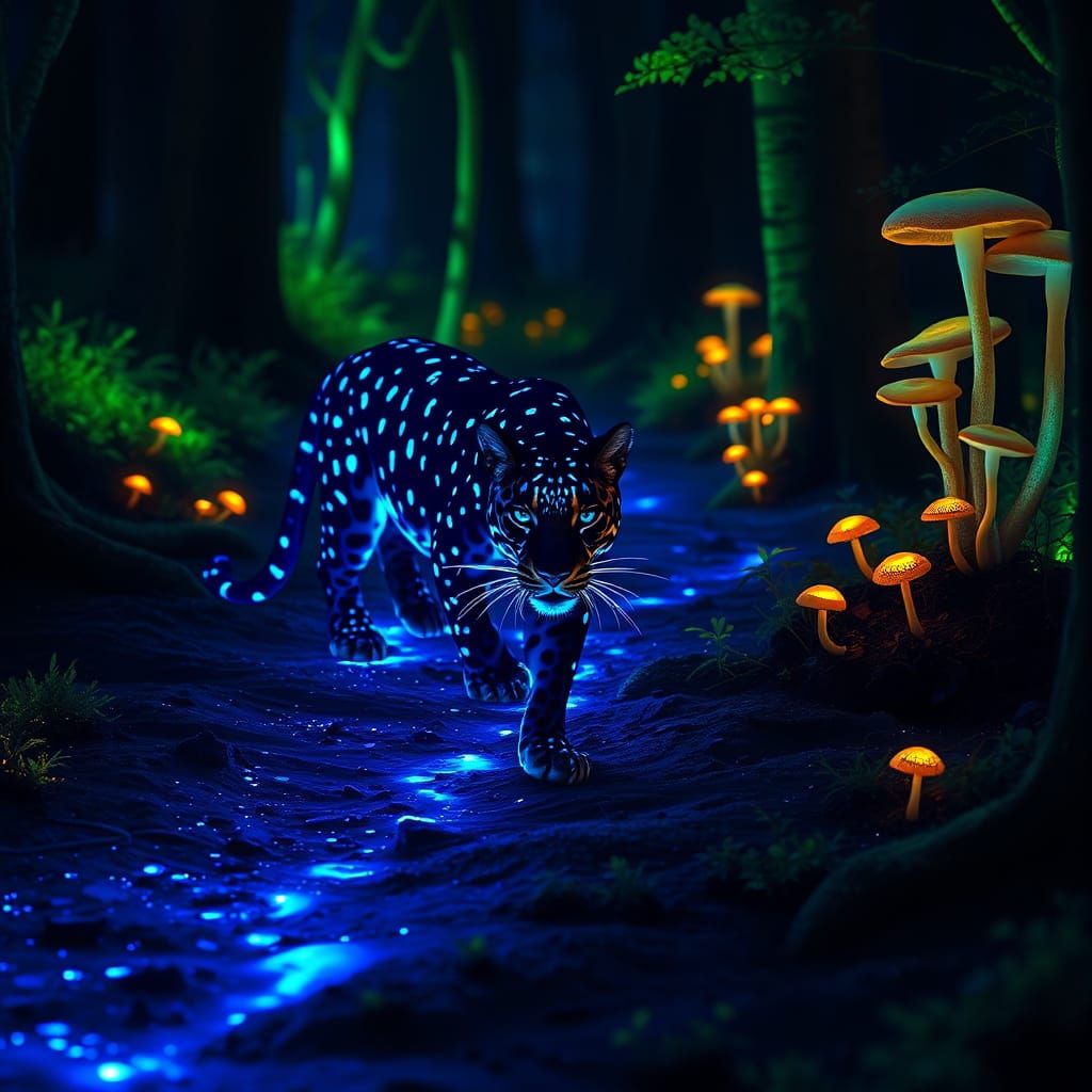 Electric Blue Jaguar Pursues Neon Trail in Black Lite Forest