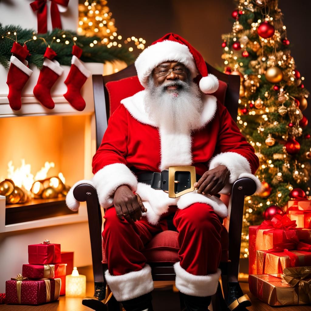 African American Santa Claus by Fireplace