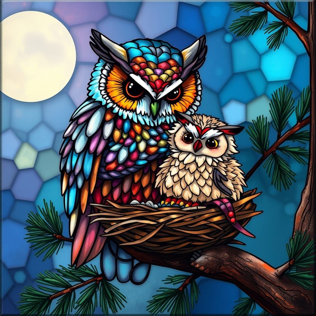 Mother and Baby Owl in Stained Glass Style