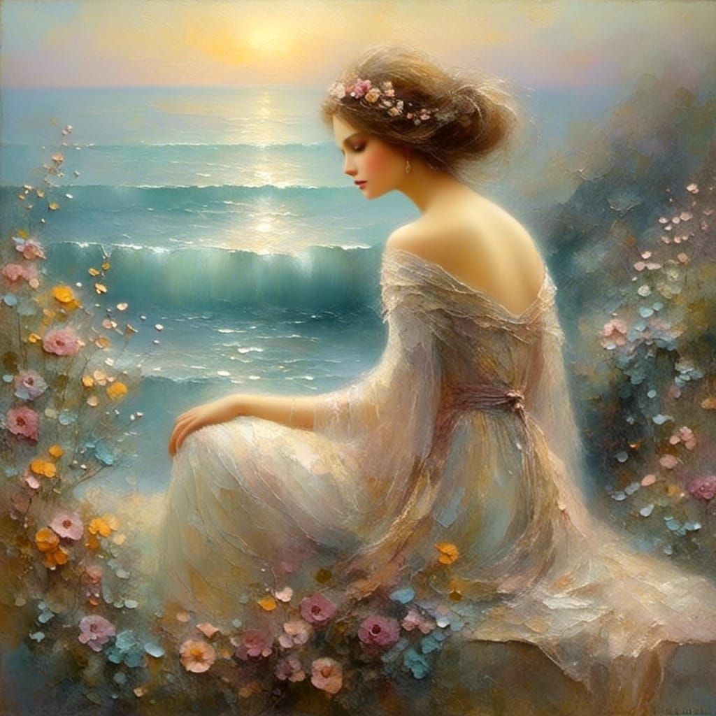 Maiden Gazing at Sea in Whimsical Style