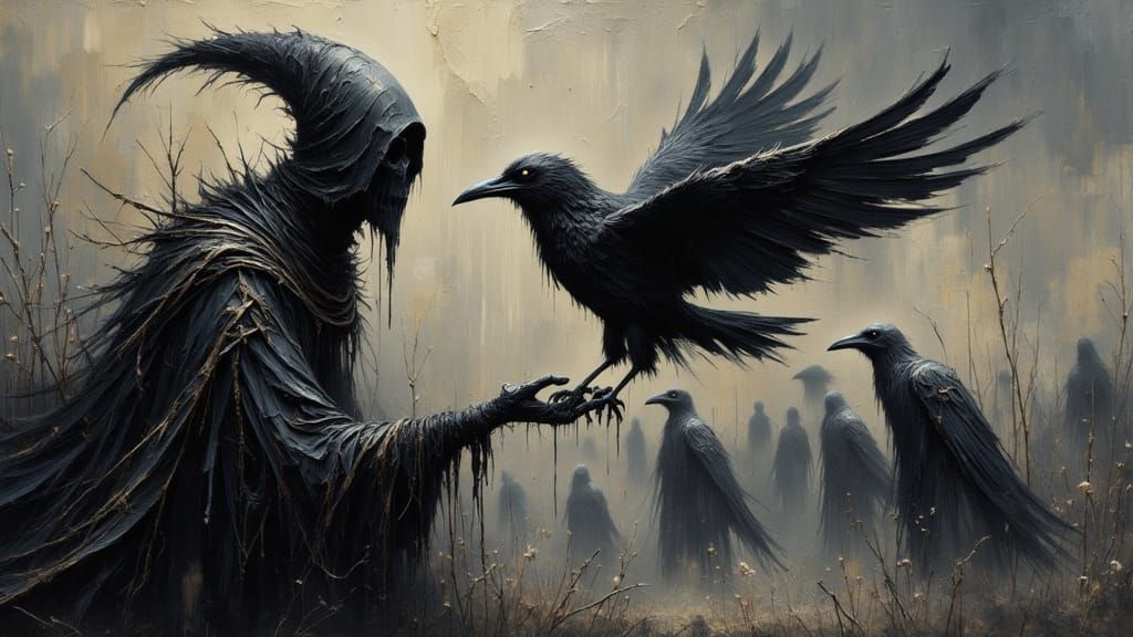 Grim Reaper with Crow Ghosts and Living Crow, Dark Fantasy A...