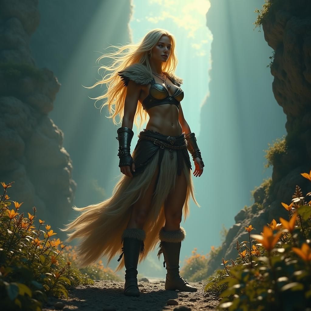 Heroic Blonde Warrior in Prehistoric Landscape