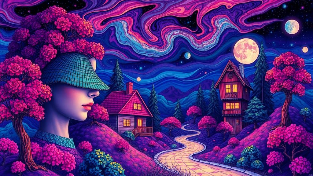 Surreal Fluorescent Landscape in Dreamlike Illustration