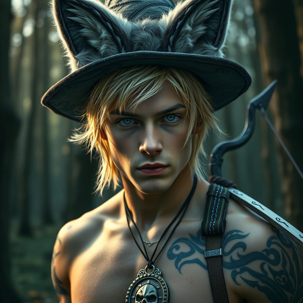 Tribal Tattooed Man with Wolf Ears in Spooky Forest