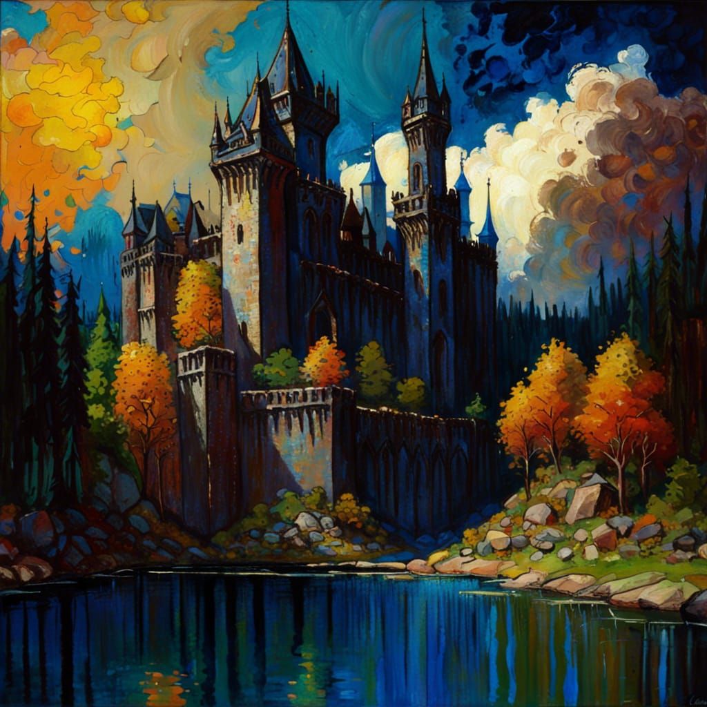 Epic Gothic City Beside Lake in Gouache Style