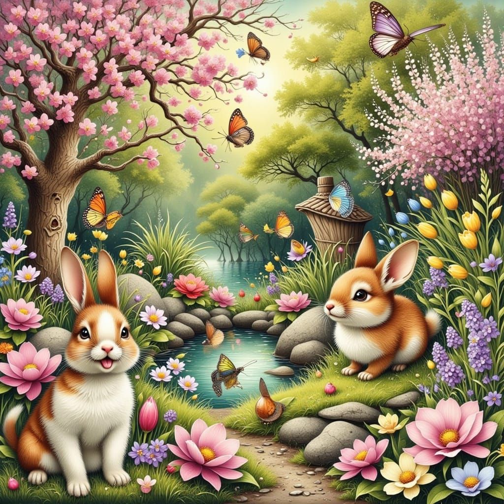 Enchanted Spring Garden with Animals