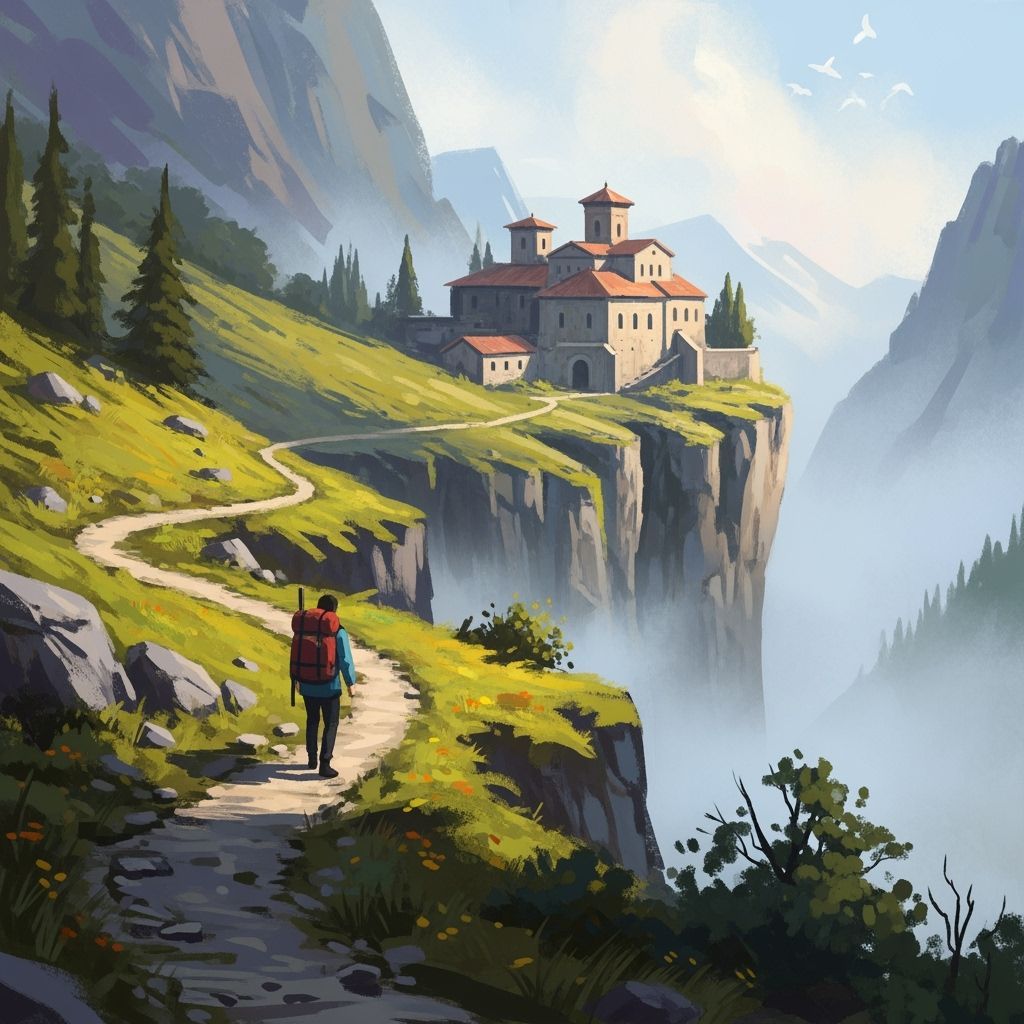 Lone Traveler Ascends Misty Path to Abandoned Monastery