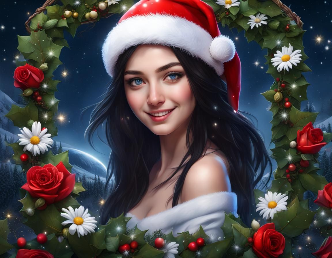 Festive Portrait of Smiling Girl in Christmas Frame