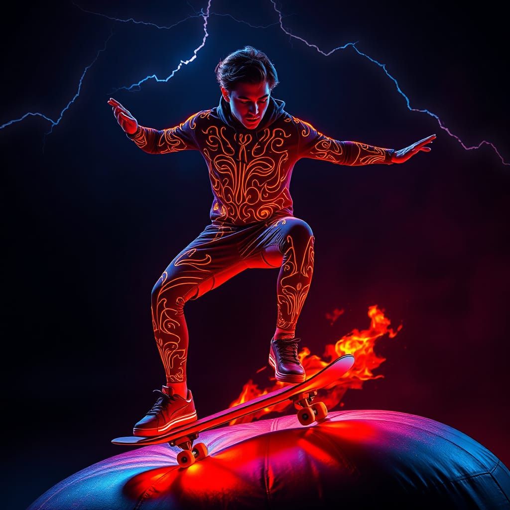 Neon Skateboarder Mid-Air Jump in Hyperrealism