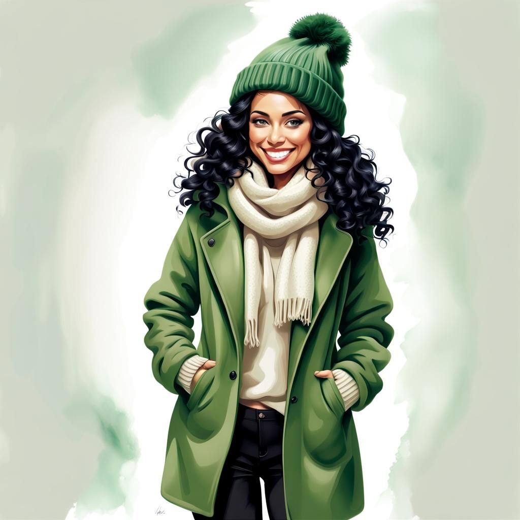 Airbrush Illustration of Smiling Woman in Winter Outfit
