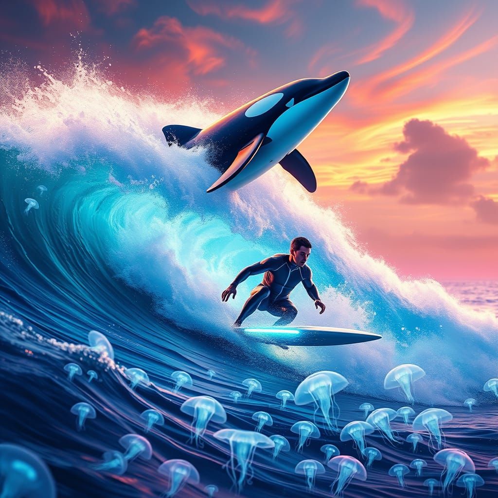 Surfer Rides Glowing Wave as Majestic Whale Leaps in Futuris...