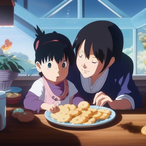 Toddler and Aunt Baking Cookies: Studio Ghibli Style