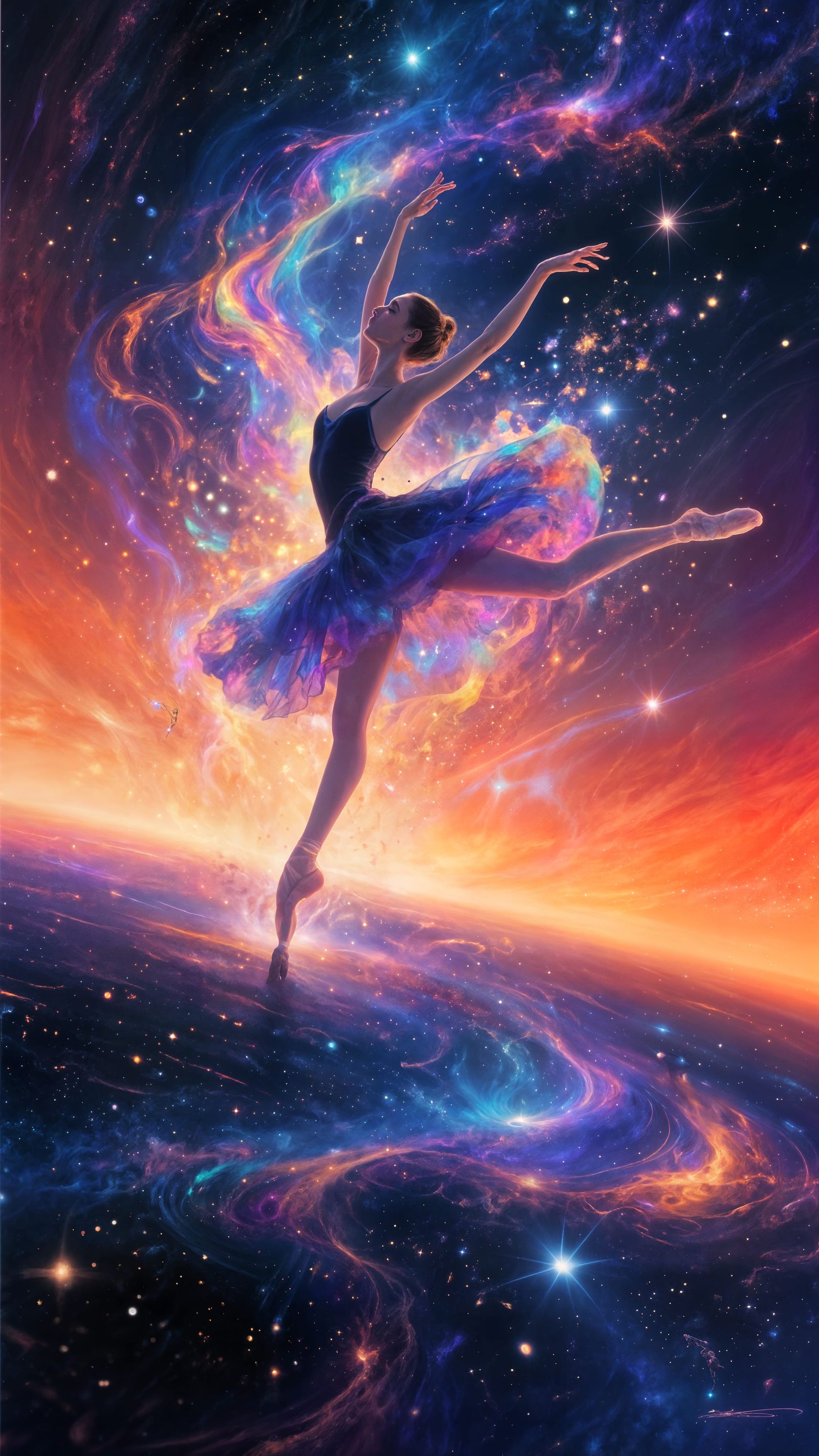 Ballet Dancer Dissolving into Cosmic Stardust and Nebulae