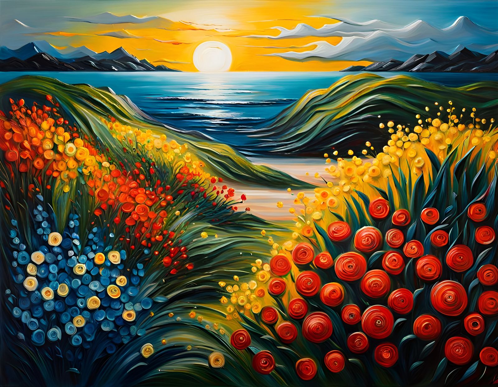 Vibrant Neo-Expressionist Seascape with Bushes and Flowers