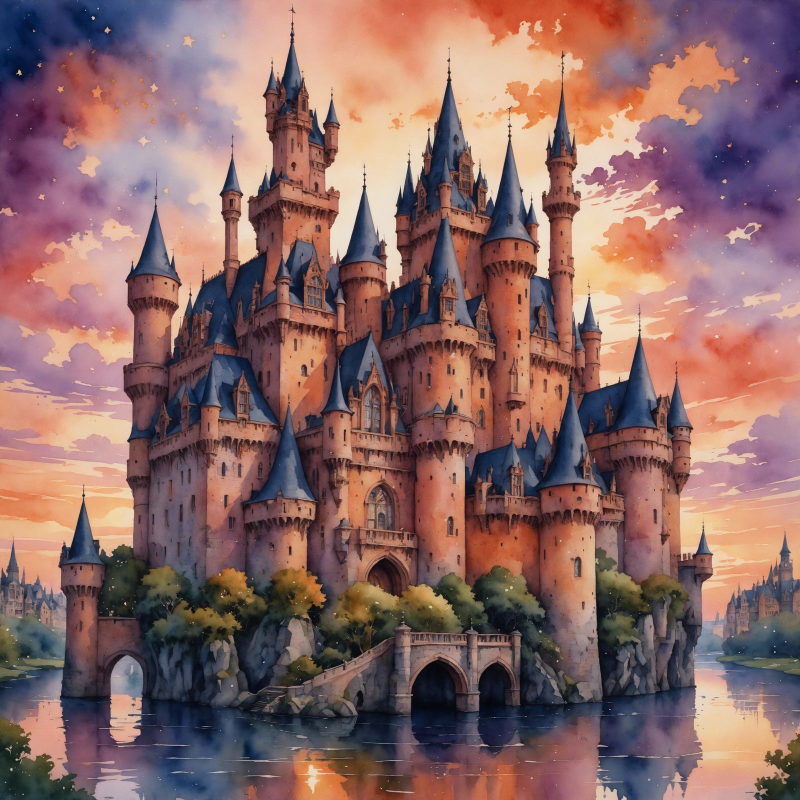 Floating Castle in Watercolor Sunset
